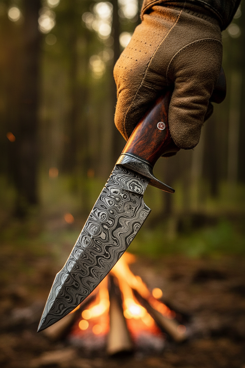 Hunter’s Rosewood Frontier Damascus hunting knife shown in hand for scale