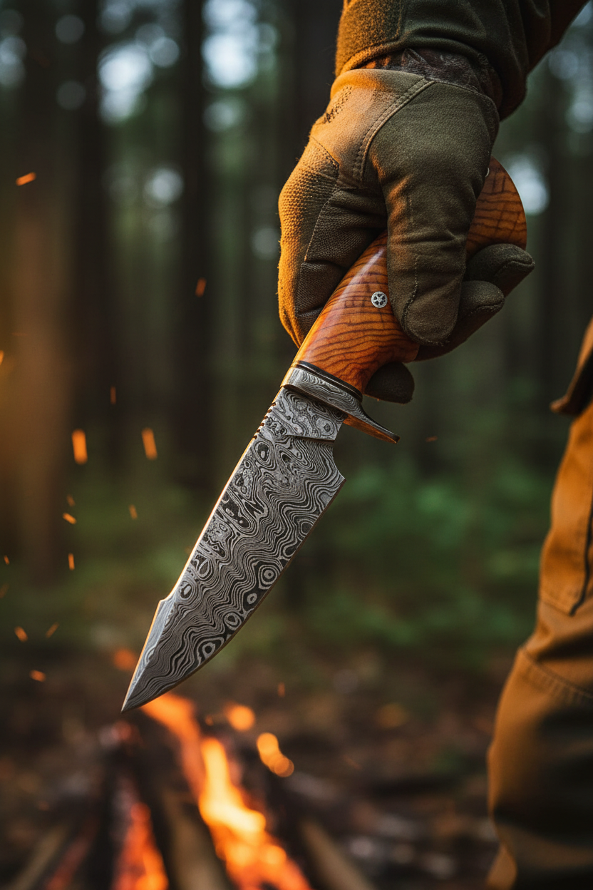 Hunter’s Olive Ridge Damascus hunting knife shown in hand for scale