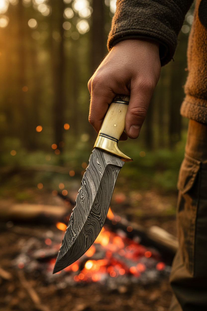 Hunter’s Highland Bonehorn Damascus hunting knife shown in hand for scale