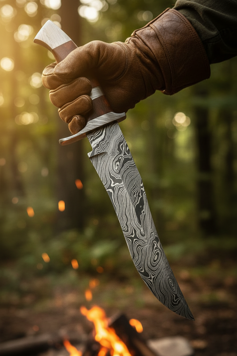 Hunter holding 13 inch damascus bowie knife