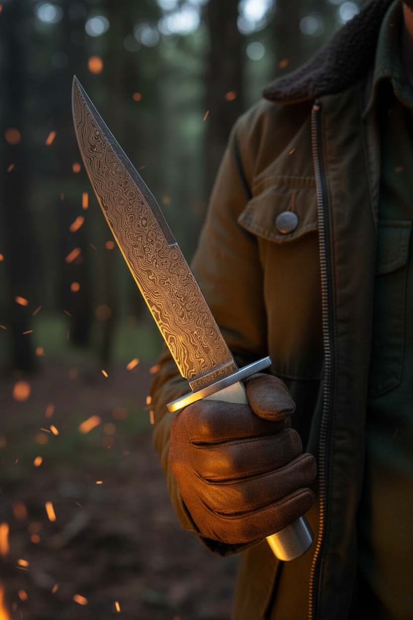 Hunter holding 15 inch cream bone damascus bowie knife