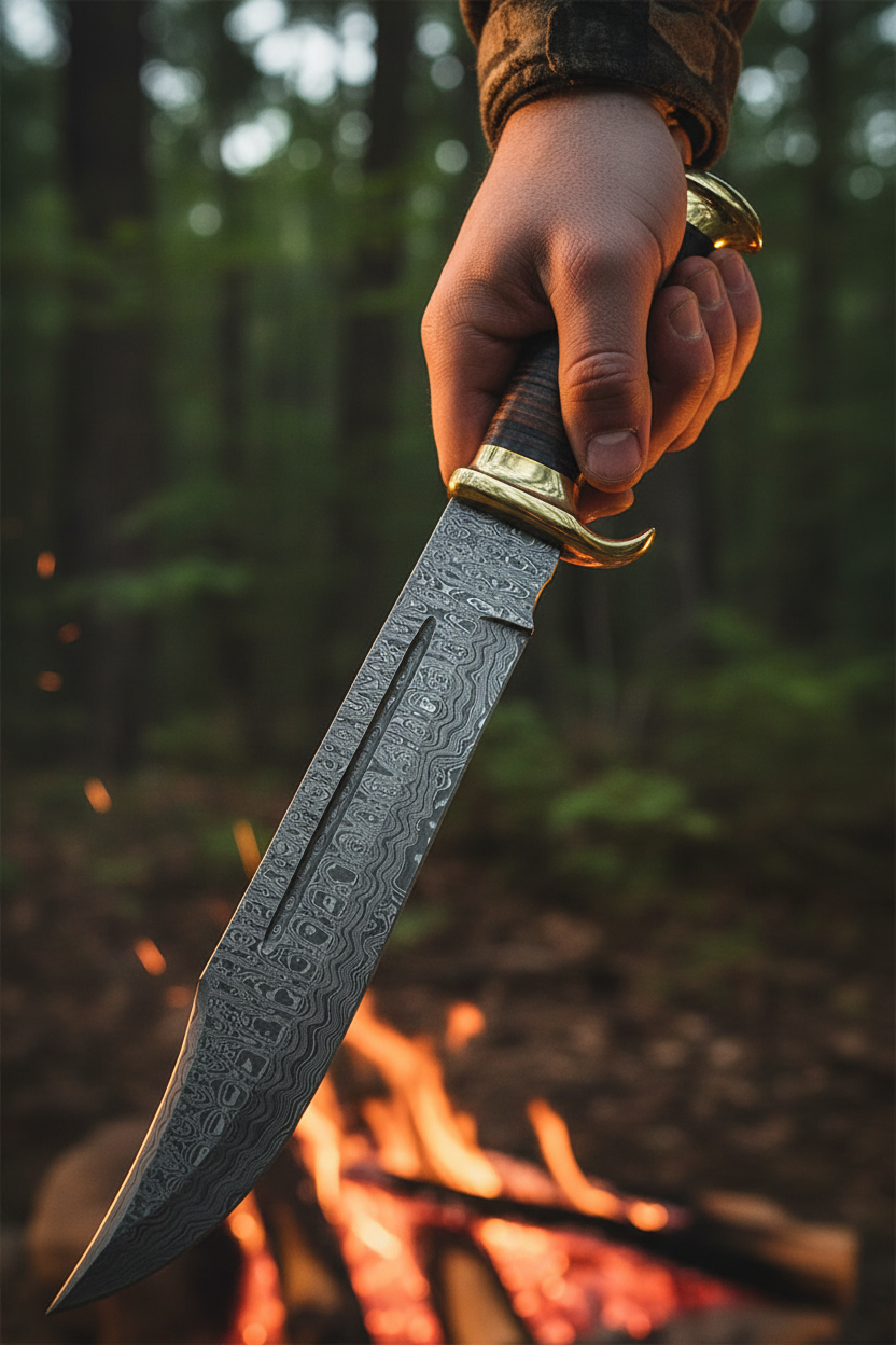 Hunter holding 16 inch damascus bowie knife brass d guard leather handle