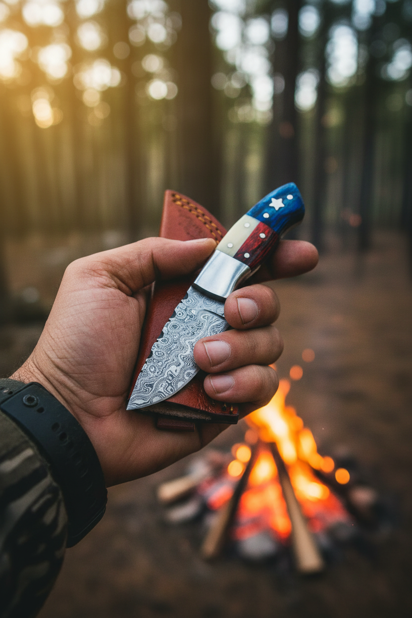 Hunter Holding 5.5-Inch Texas Flag Damascus Skinning Knife
