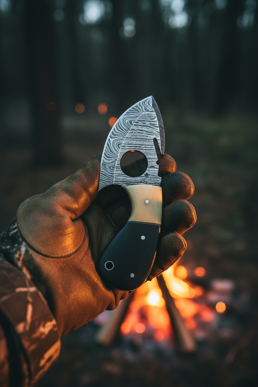 Hunter holding 6 inch cream bone buffalo horn finger hole damascus ulu skinner knife