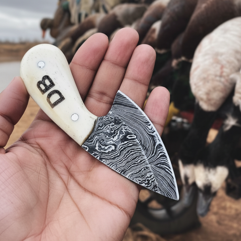 Hunter's Mark Twist Damascus Skinning Knife with Engraved Bone Handle