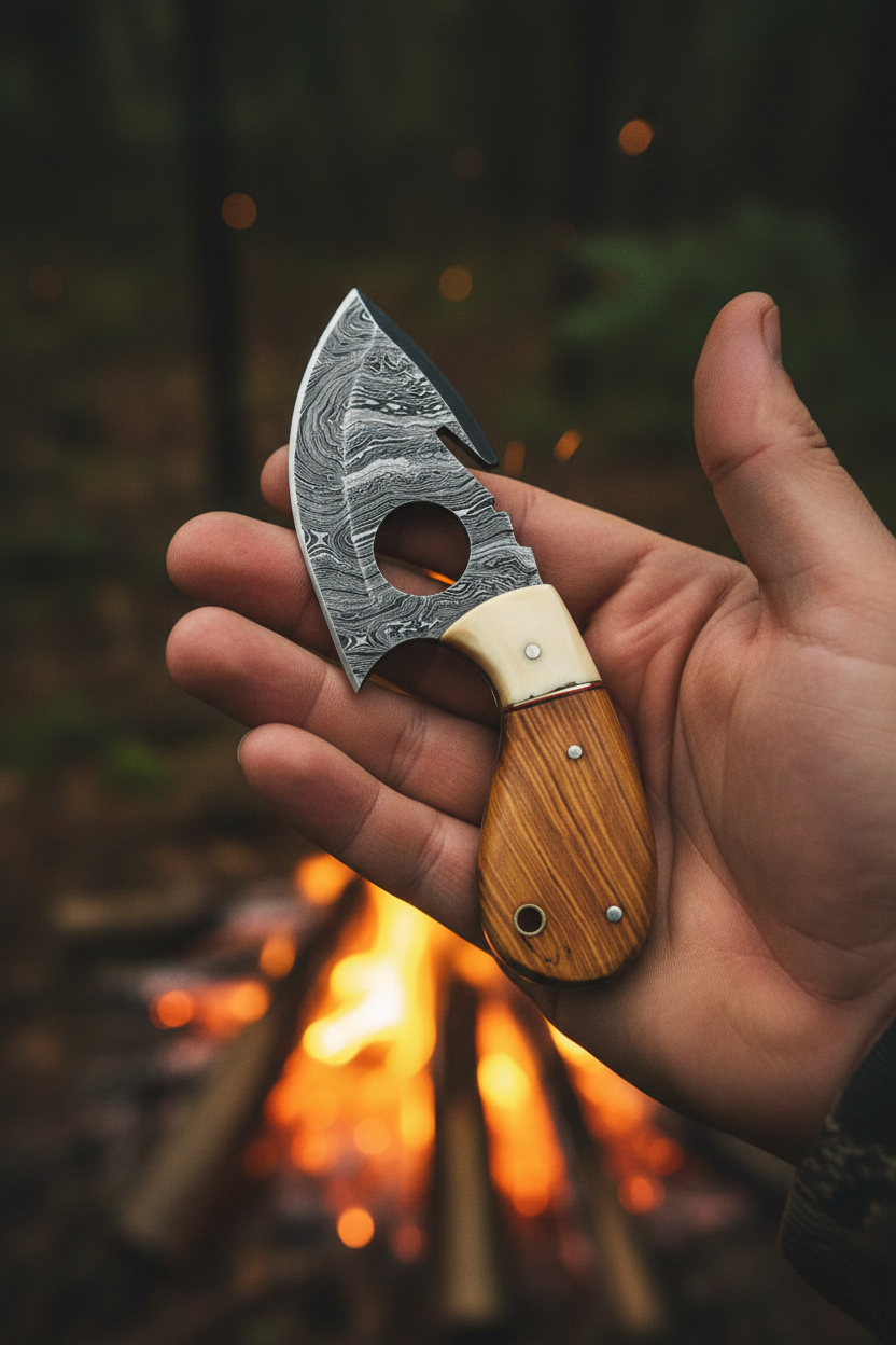 Hunter holding 6 inch olivewood bone finger hole damascus ulu skinner knife