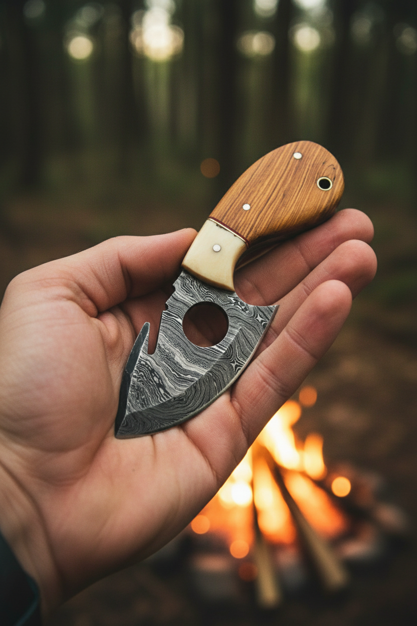 Hunter holding 6 inch olivewood ivory bone finger hole damascus ulu skinner knife