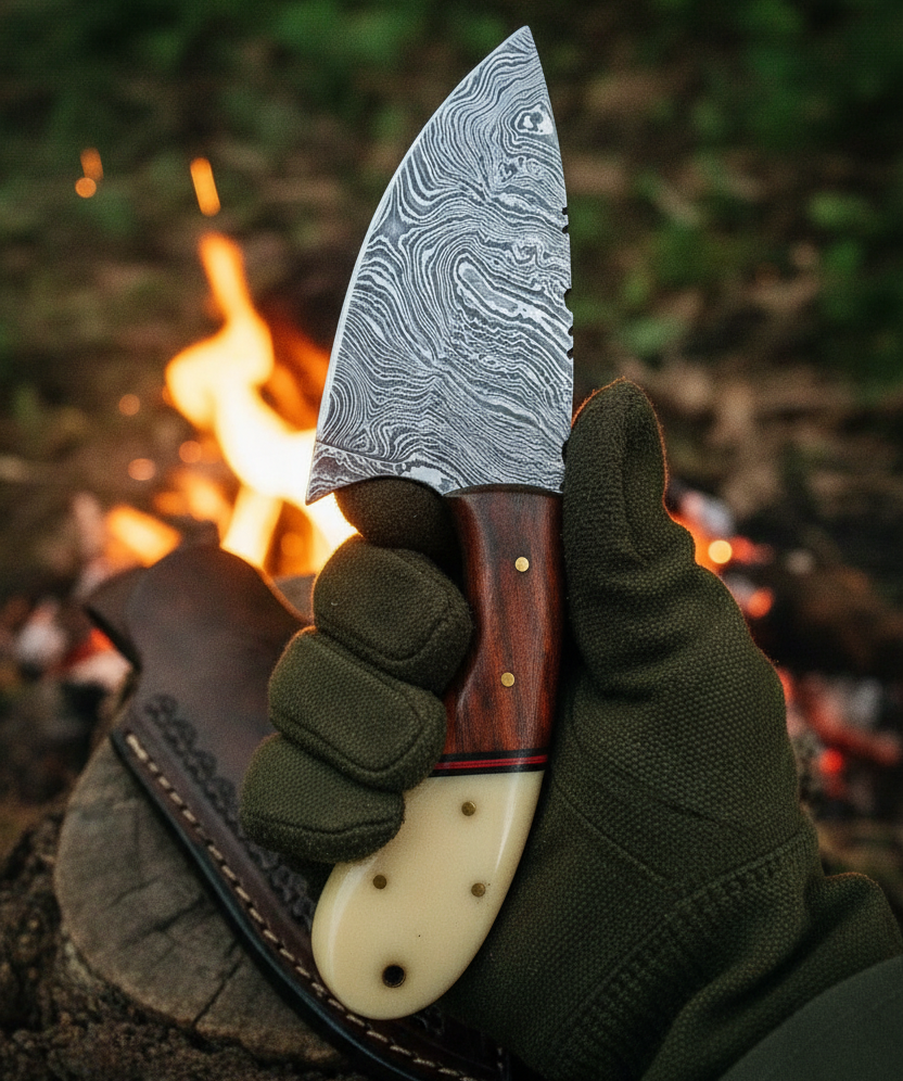 Hunter holding 6 inch rosewood ivory bone red spacer damascus skinner knife