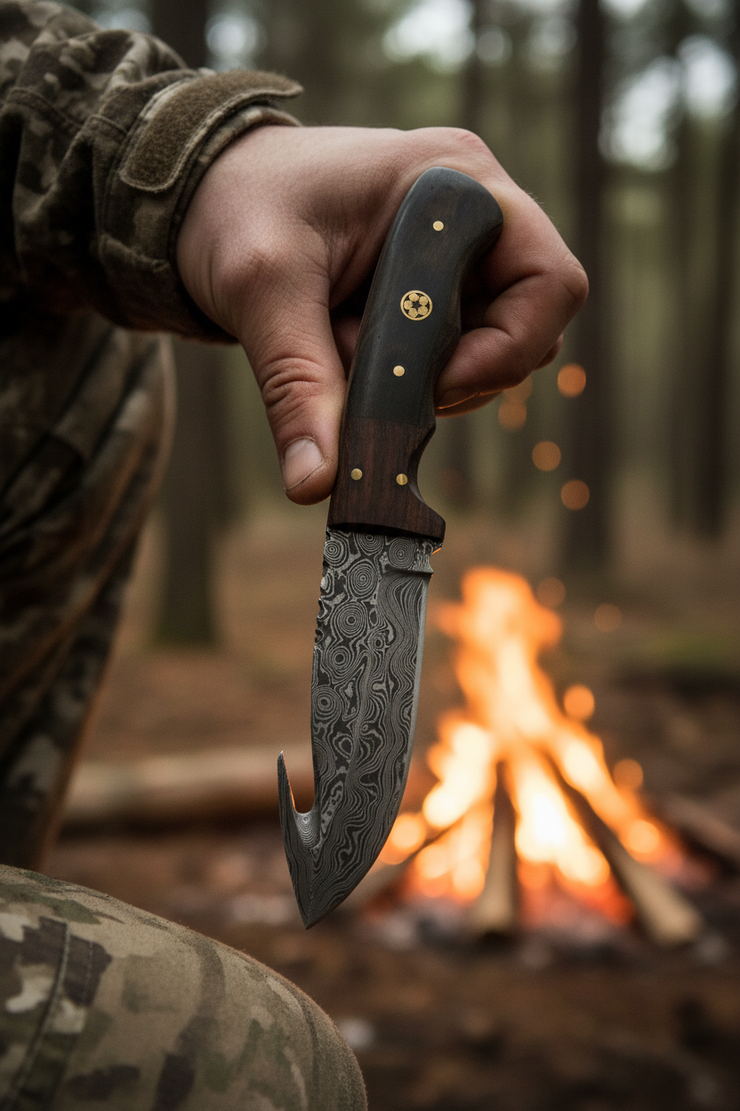 Hunter holding 7.25 inch black buffalo horn gut hook damascus hunting knife