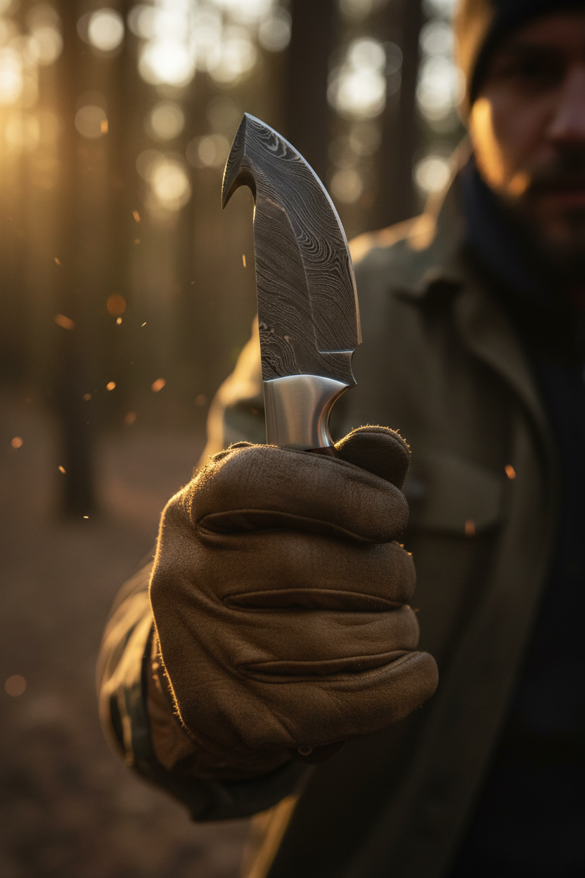 Hunter holding 7.5 inch rosewood gut hook skinner damascus knife