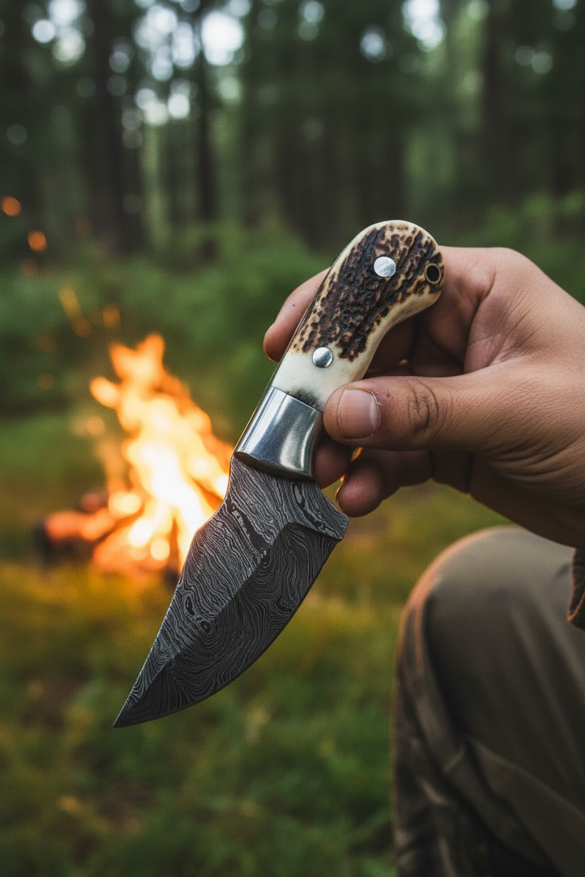Elk Ridge Damascus skinning knife with antler horn handle, steel bolster and leather sheath