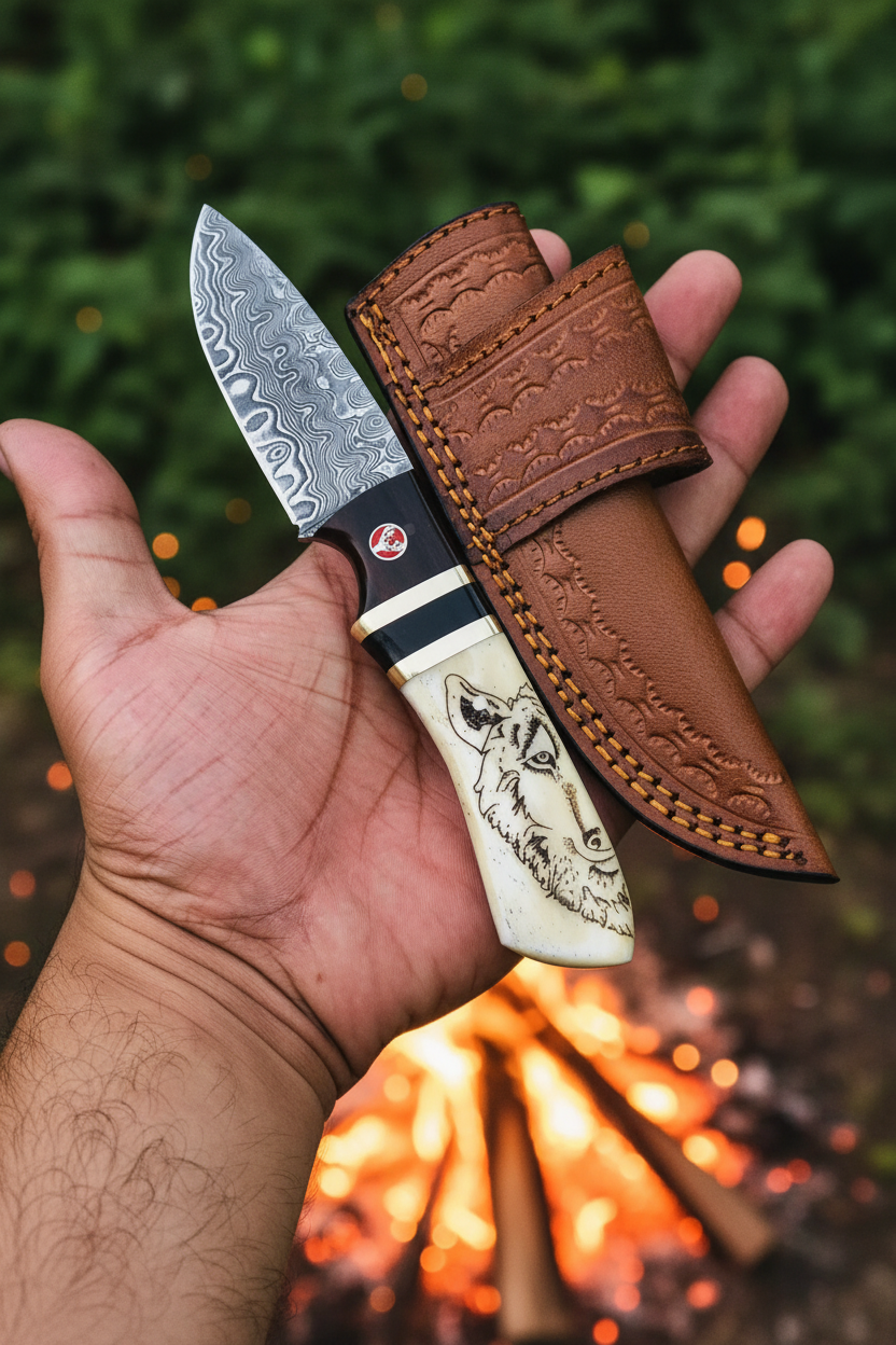 Hunter Holding 7.5-Inch Wolf Engraved Damascus Skinning Knife