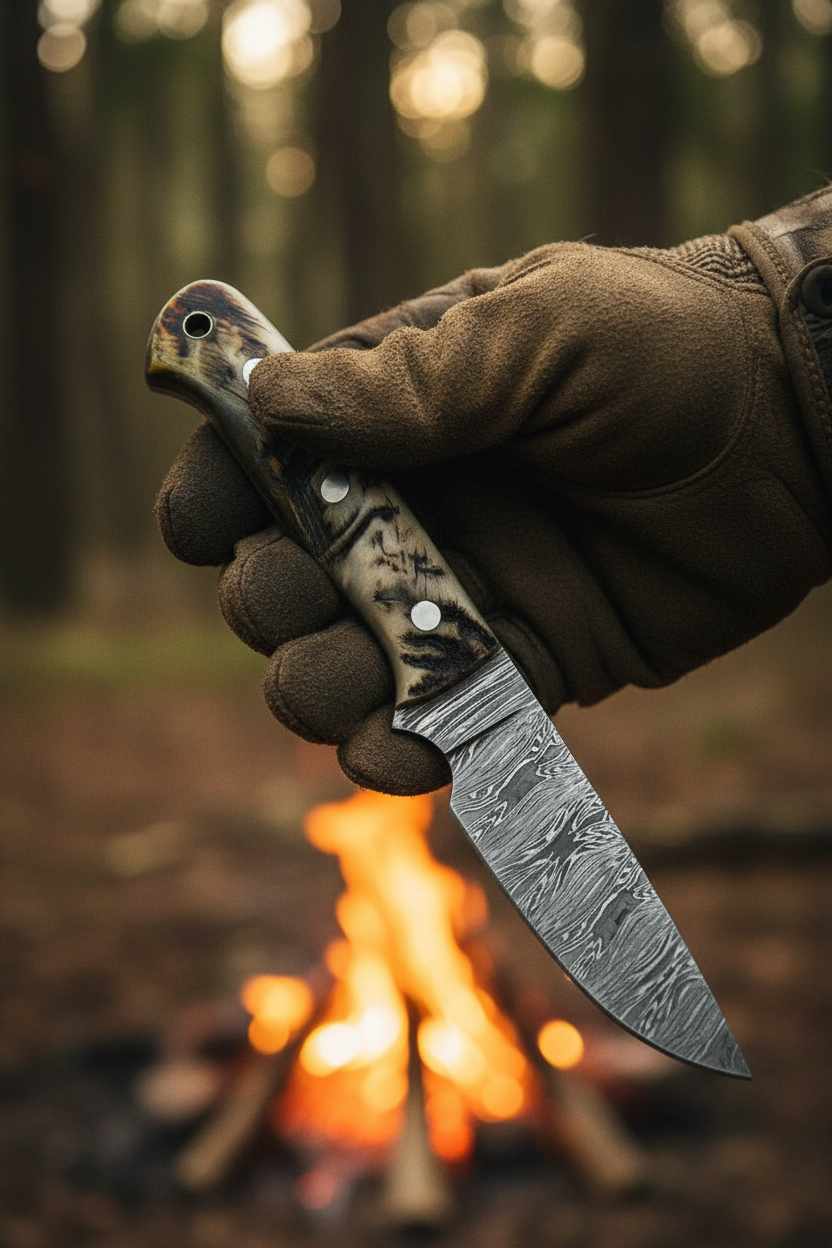 Hunter’s Mountain Fang Damascus hunting knife shown in hand for scale