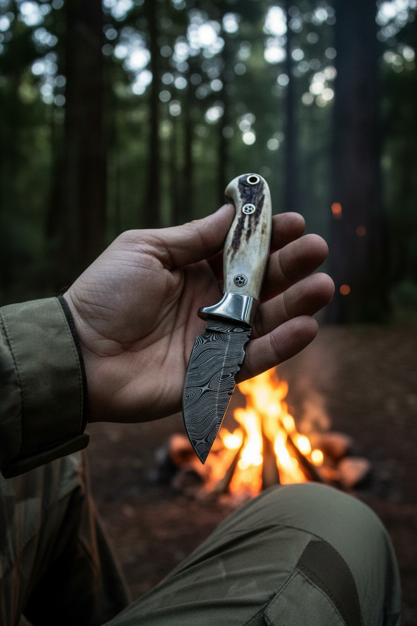 Trail Stalker twist Damascus skinning knife with antler horn handle and leather sheath