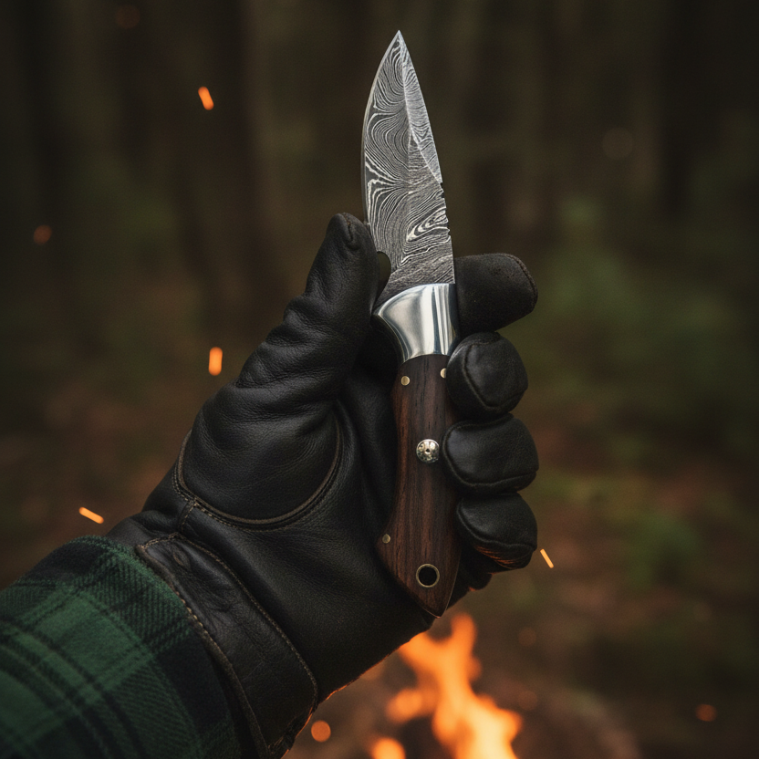 Ironwood Hunter Damascus skinning knife with rosewood handle, steel bolster and leather sheath