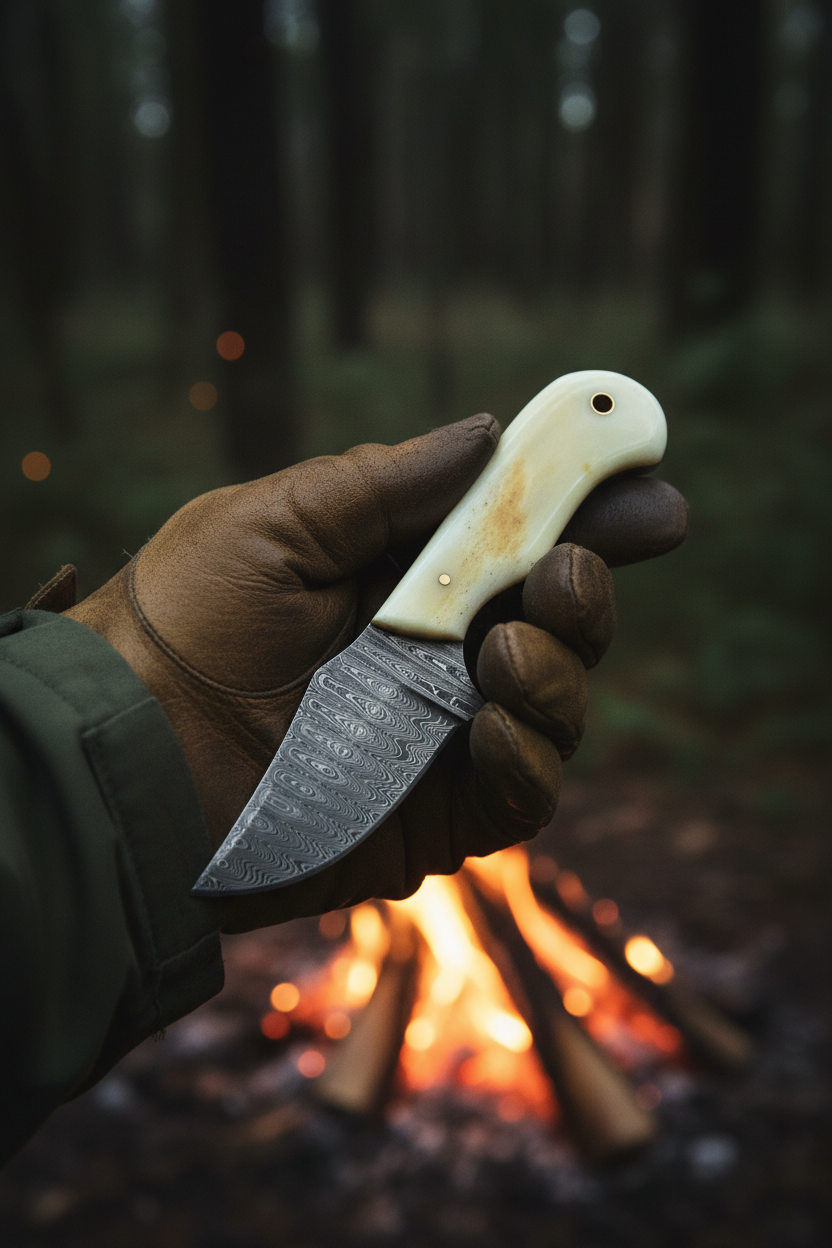 Hunter holding 7 inch ivory camel bone damascus skinner hunting knife