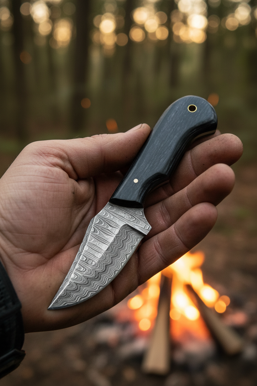 Hunter holding 7 inch navy micarta damascus skinner hunting knife