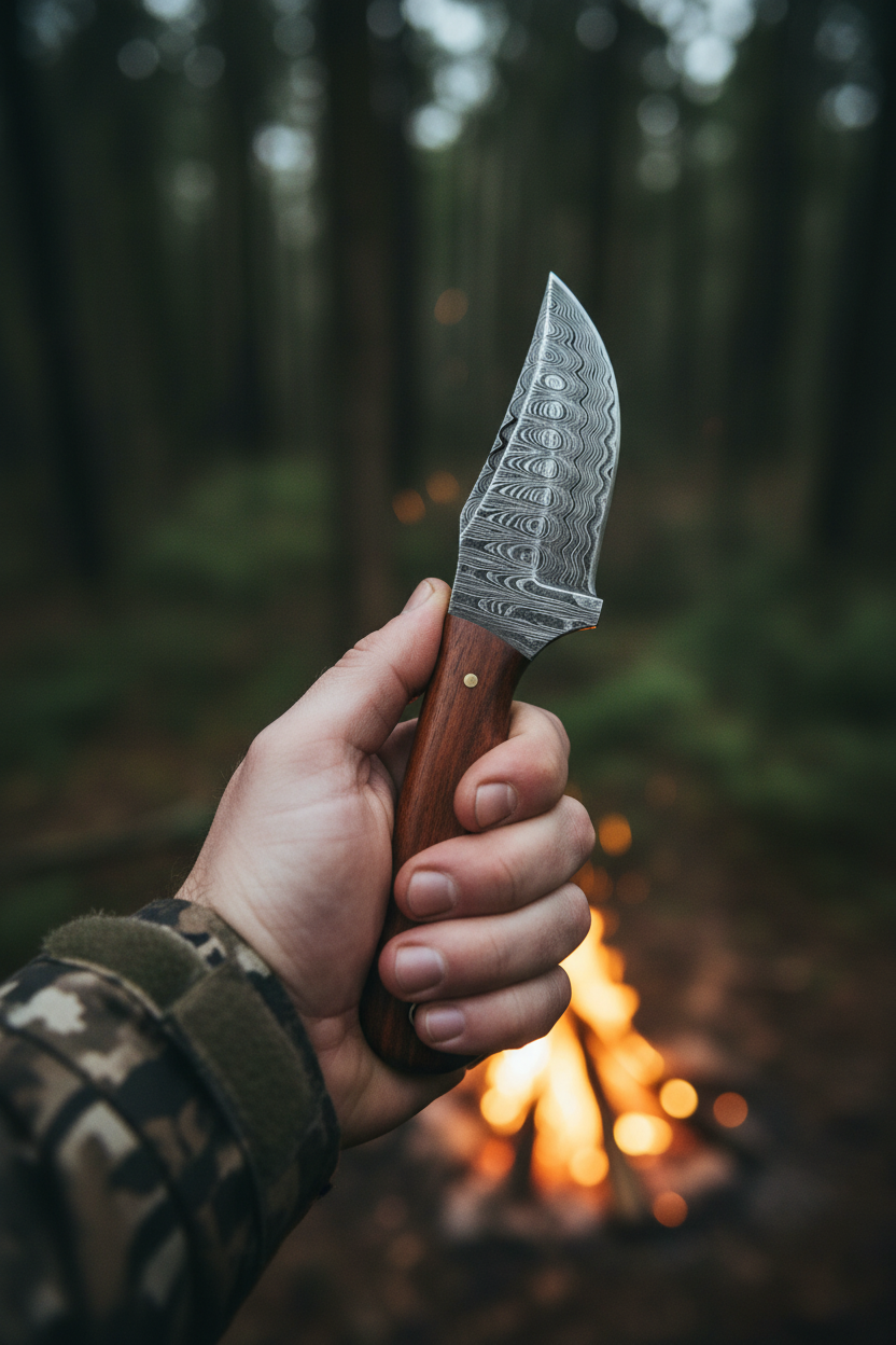 Hunter holding 7 inch rosewood damascus skinner hunting knife