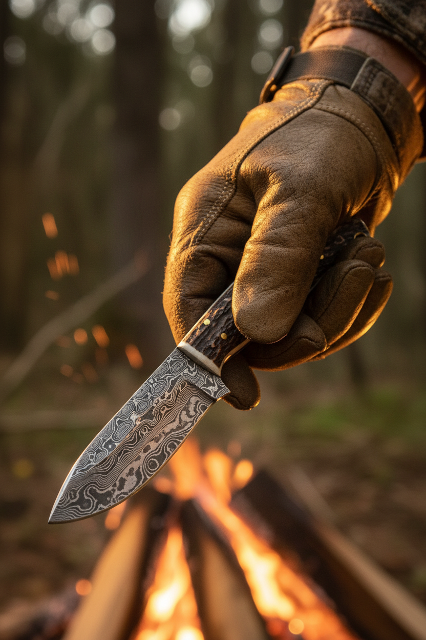 Hunter holding 7 inch stag antler damascus skinner hunting knife