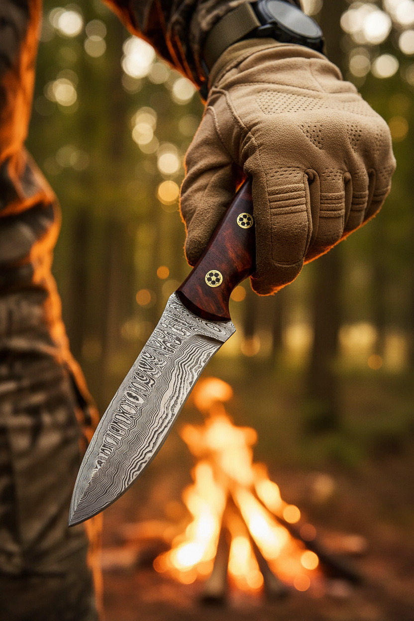 Hunter holding 8.25 inch crimson rosewood damascus hunting knife