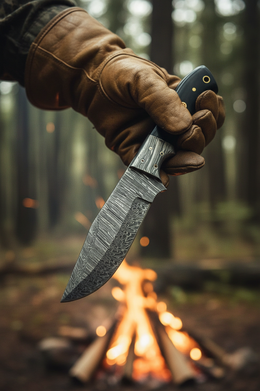 Hunter’s Blackhorn Damascus hunting knife shown in hand for scale
