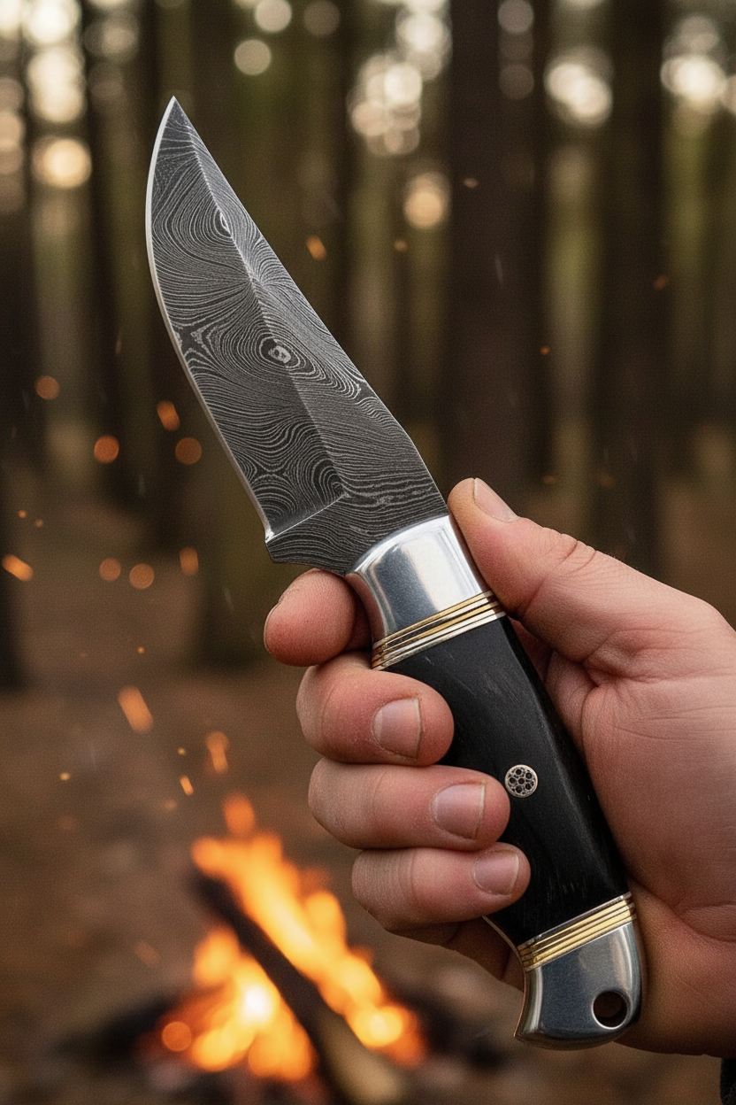 Hunter’s Buffalo Ridge Damascus hunting knife shown in hand for scale