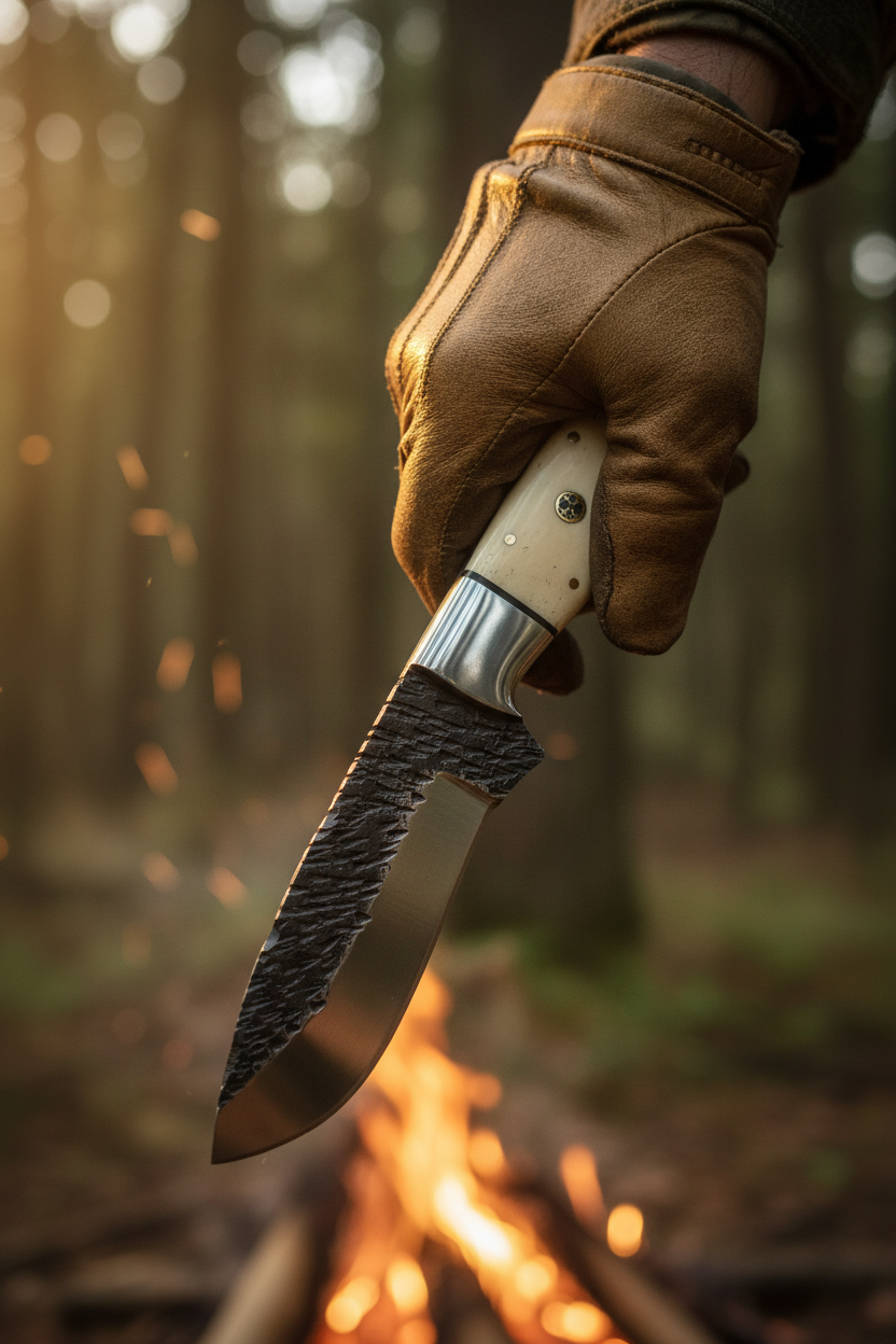 Hunter holding 8.5 inch cream ivory bone hammered damascus hunting knife