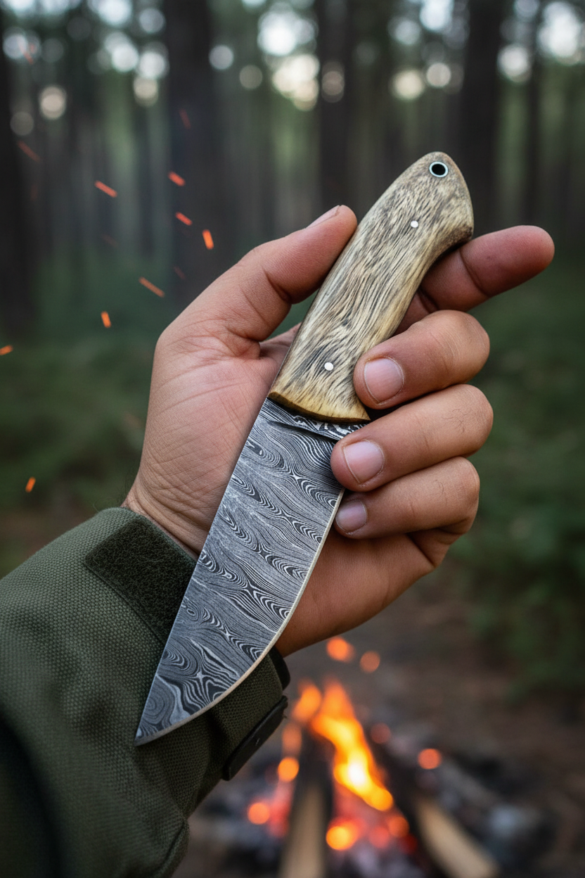 Timber Wolf Damascus skinning knife with exotic walnut wood handle and leather sheath