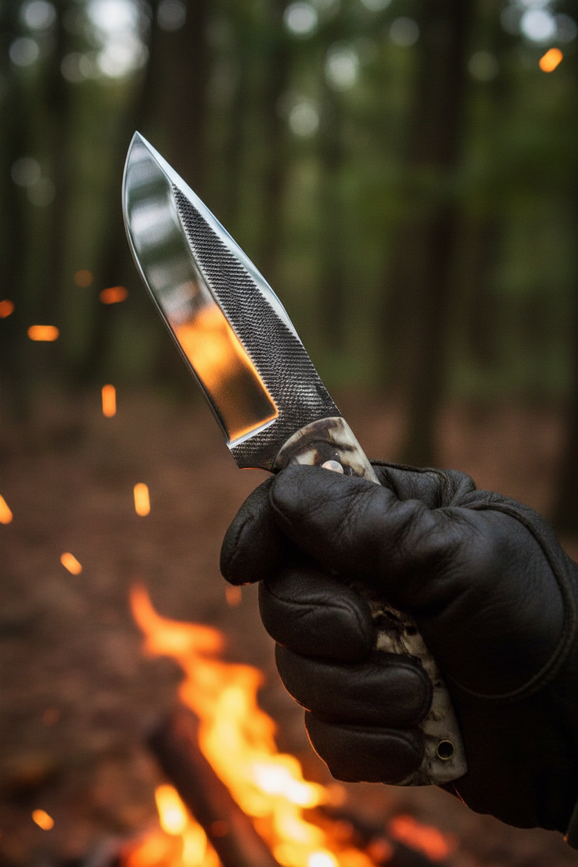 Hunter’s Sheep Horn Tracker hunting knife shown in hand for scale