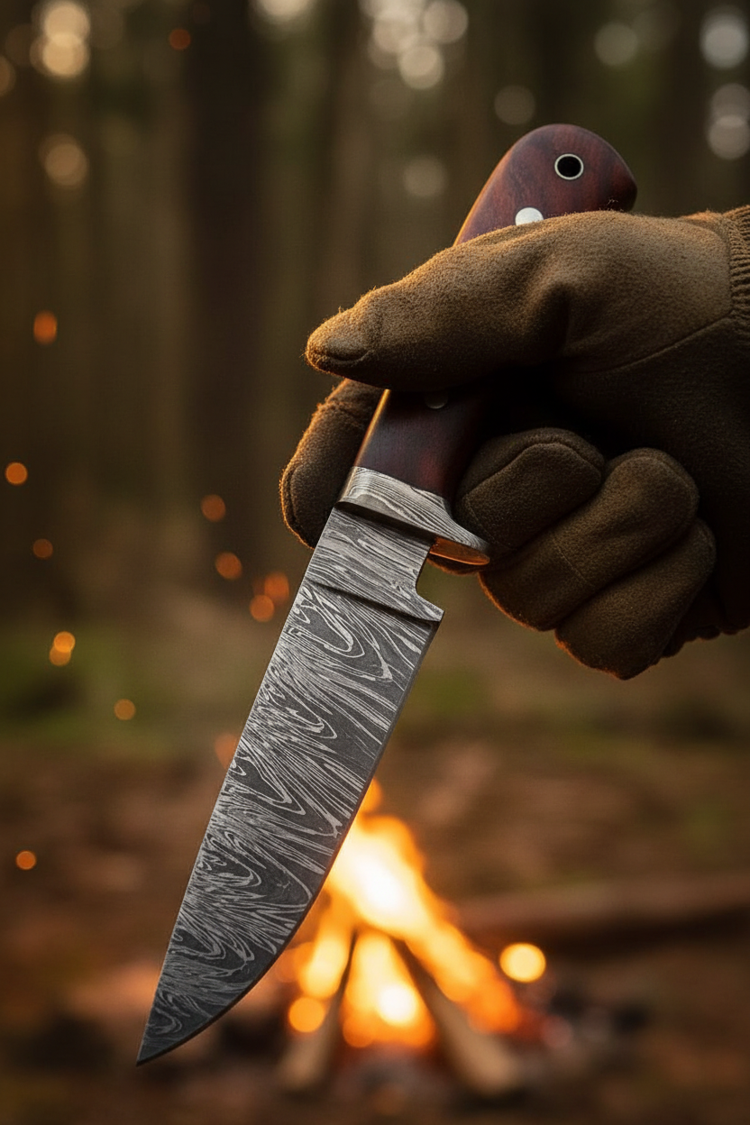 Hunter’s Rosewood Raider Damascus hunting knife shown in hand for scale