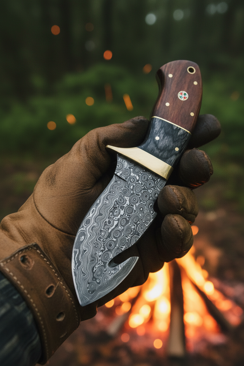 Hunter holding 8.75 inch buffalo horn rosewood damascus gut hook hunting knife