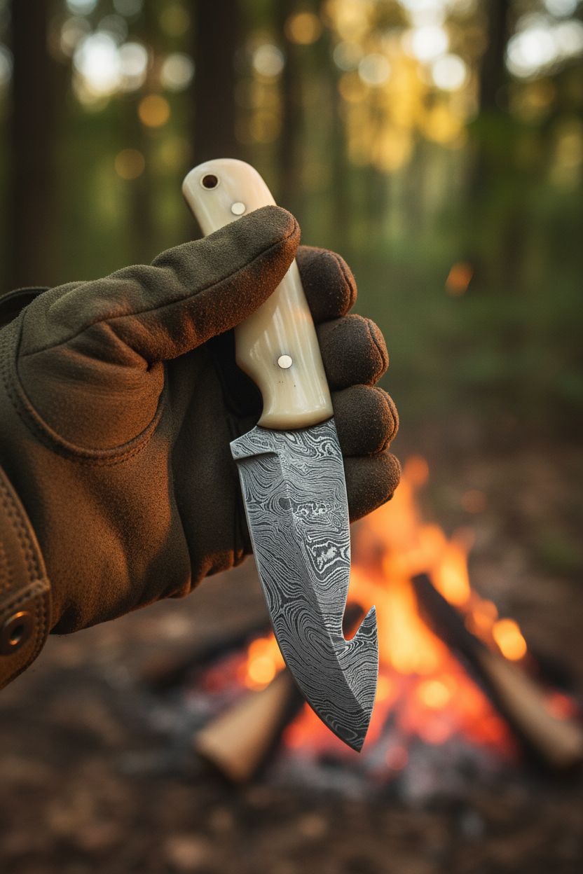 Hunter holding 8 inch compact cream bone damascus drop point hunting knife
