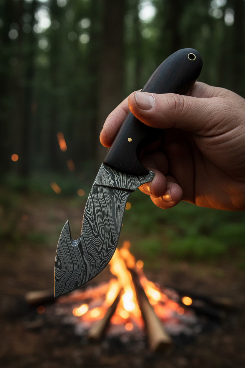 Hunter holding 8 inch ebony wood gut hook damascus skinner knife