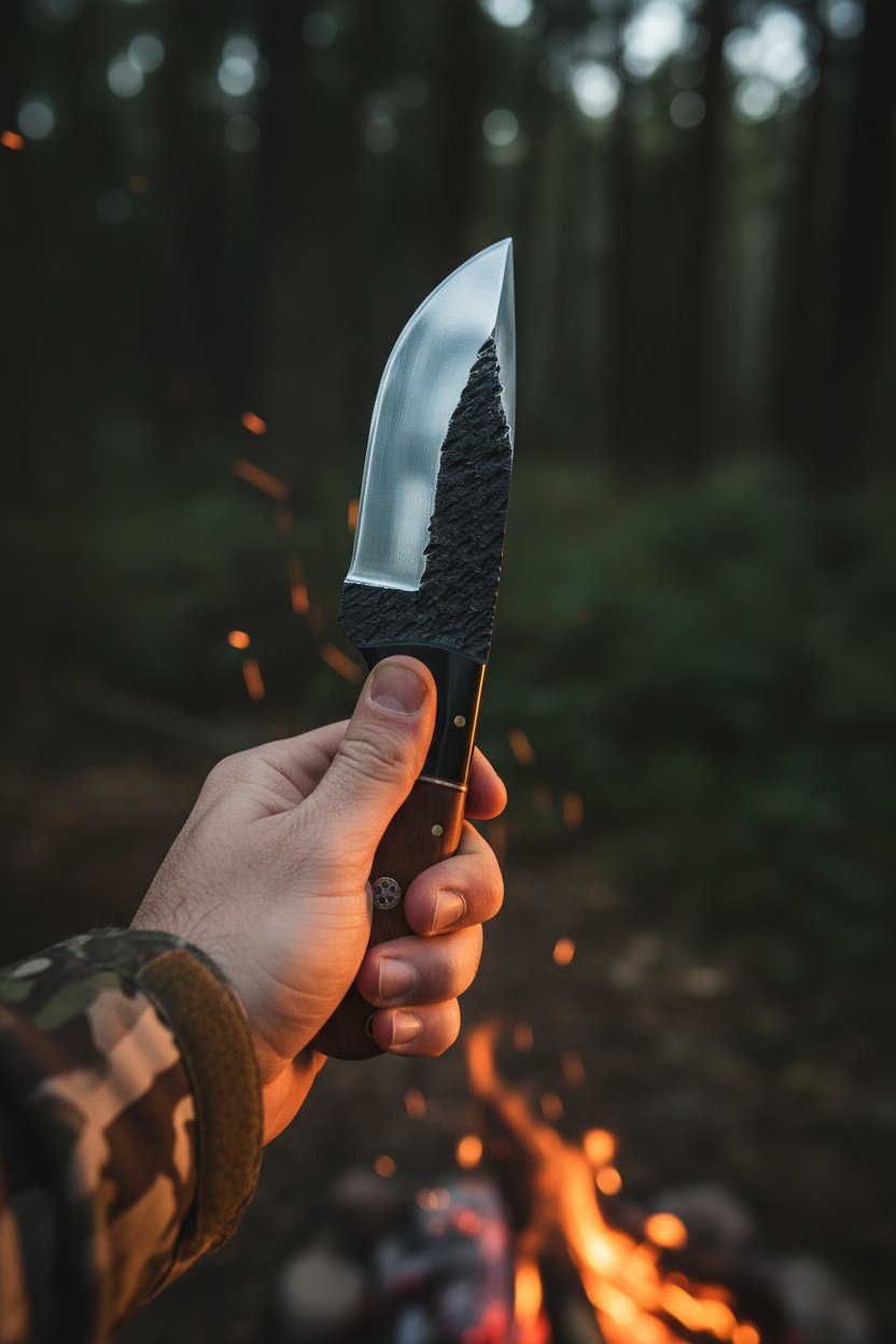 Buffalo Trail 1095 forged steel skinning knife with rosewood and buffalo horn handle and leather sheath