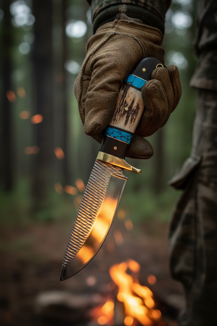 Hunter’s Frontier Rasp hunting knife shown in hand for scale