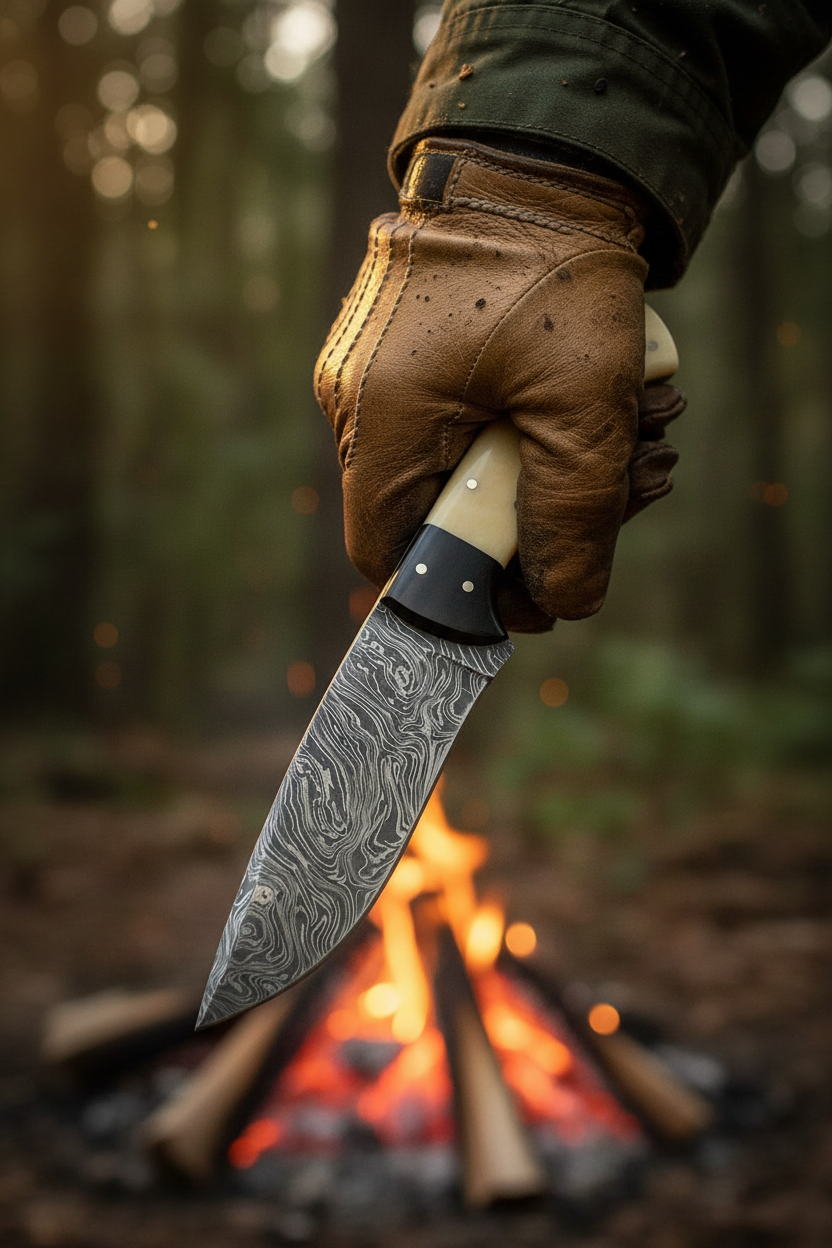 Hunter’s Bonehorn Damascus hunting knife shown in hand for scale