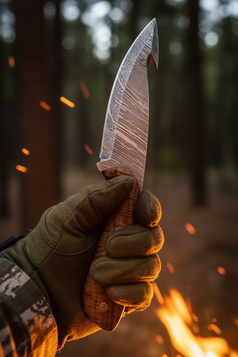 Hunter holding 9 inch curly flame maple ladder damascus hunting knife