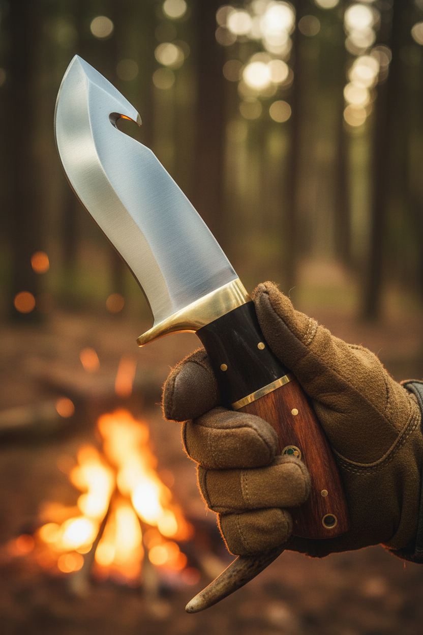 Hunter holding 9 inch kukri buffalo horn rosewood brass bolster hunting knife
