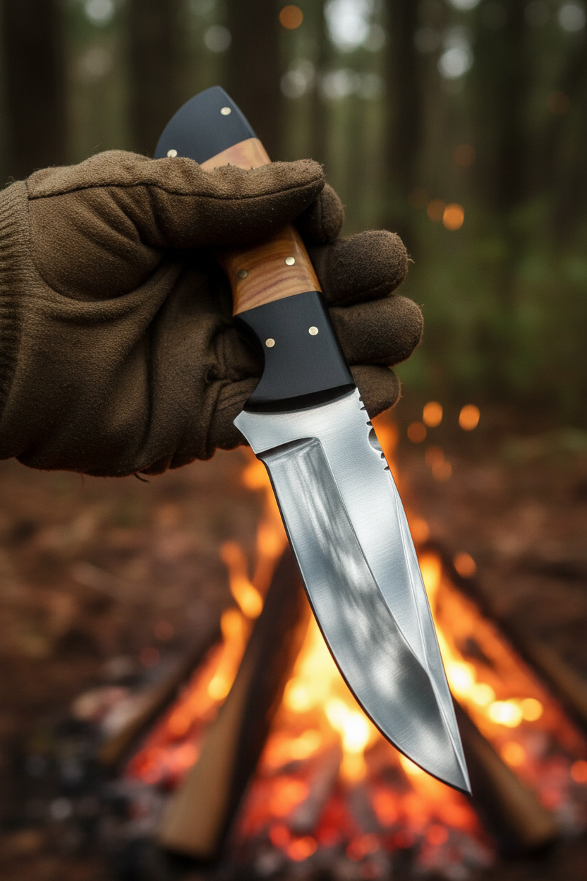 Hunter’s Olive Shadow D2 hunting knife shown in hand for scale