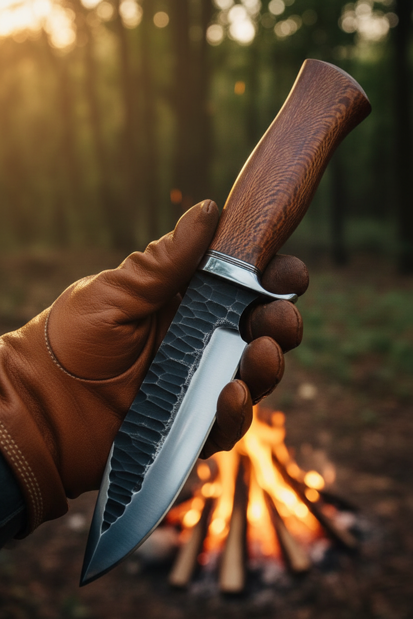Hunter’s Ironwood Trail 1095 hunting knife shown in hand for scale