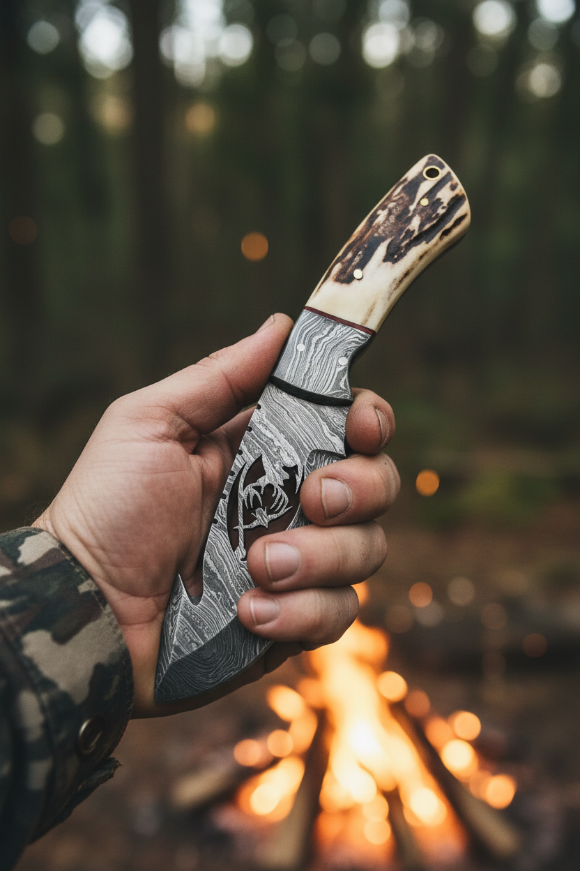 Hunter holding 9 inch stag antler skull medallion damascus hunting knife