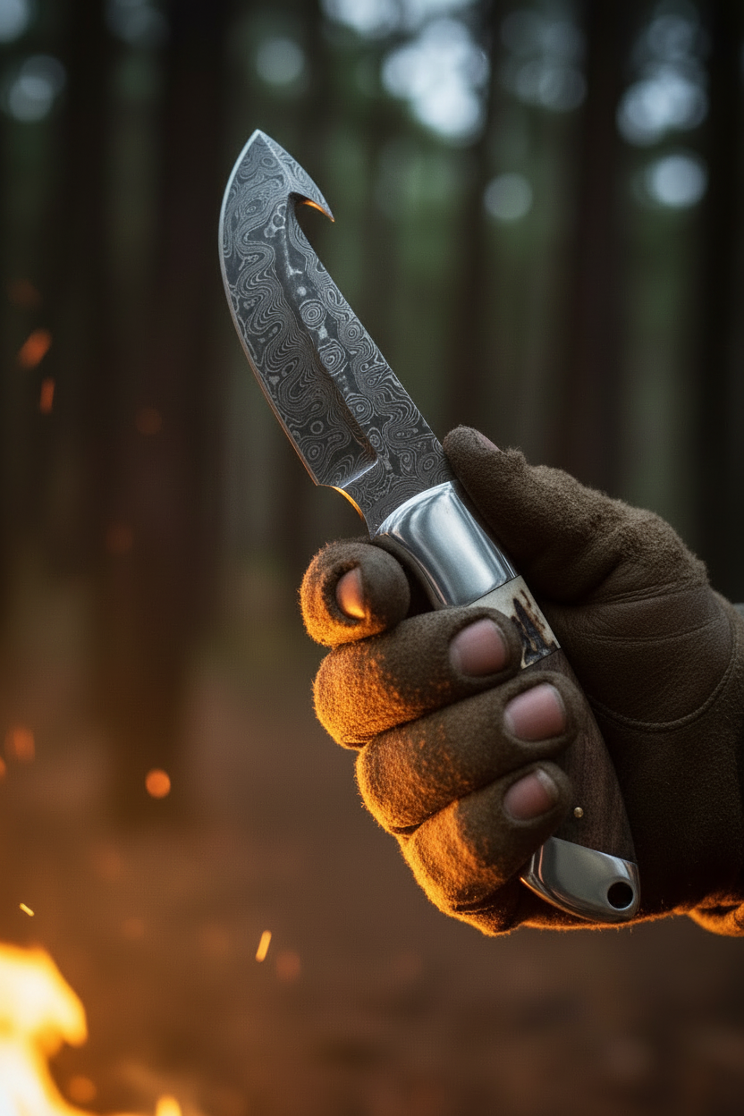 Hunter holding damascus gut hook knife blade