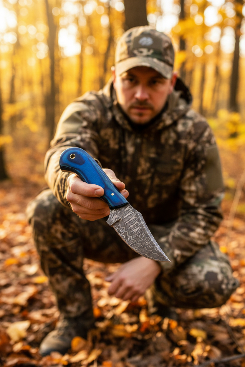 Hunter in autumn forest holding 7 inch royal blue micarta damascus skinner knife