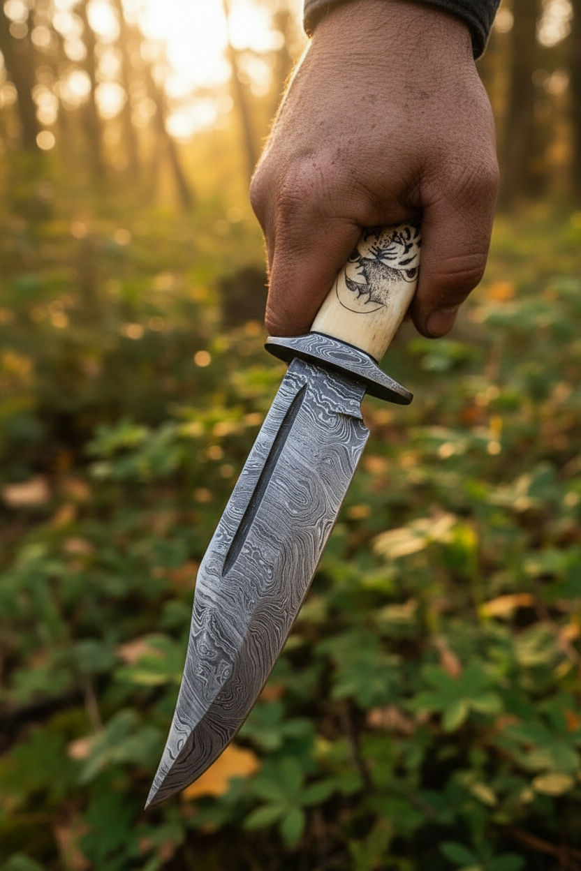 Bonecrest Custom Handmade Damascus Bowie Knife - hunter in scene hand grip