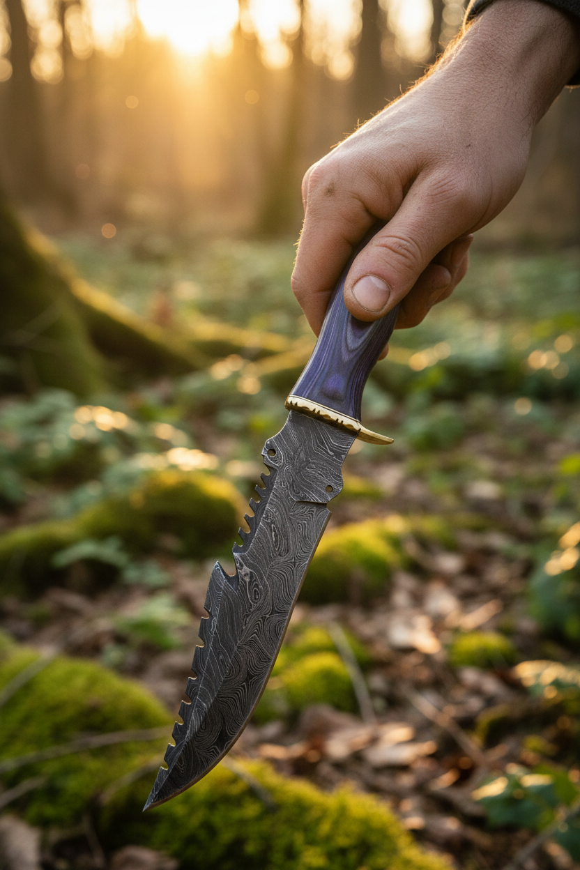 Purple Ridge damascus bowie knife held in hand