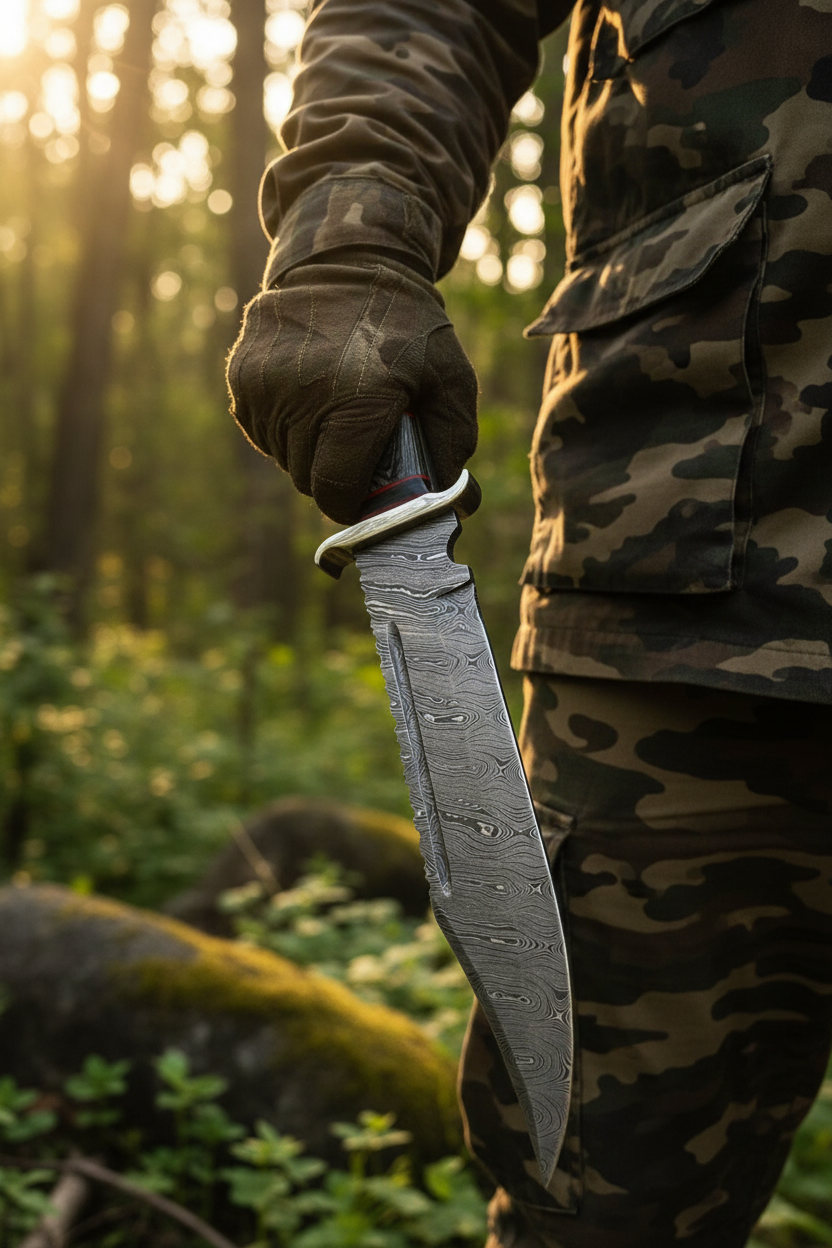 Wildcrest damascus bowie knife carried in the field