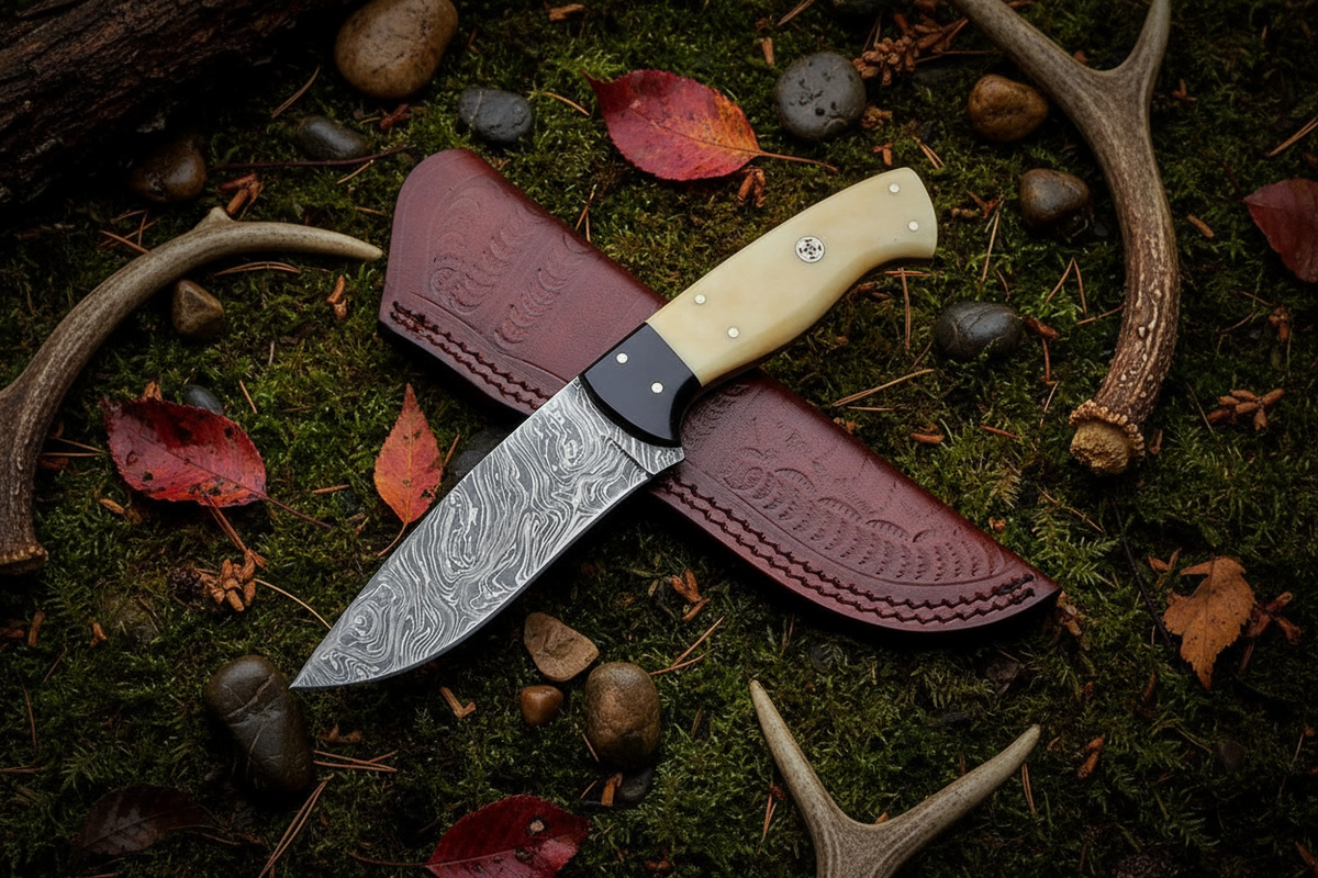 Hunter’s Bonehorn Damascus hunting knife with bone and buffalo horn handle