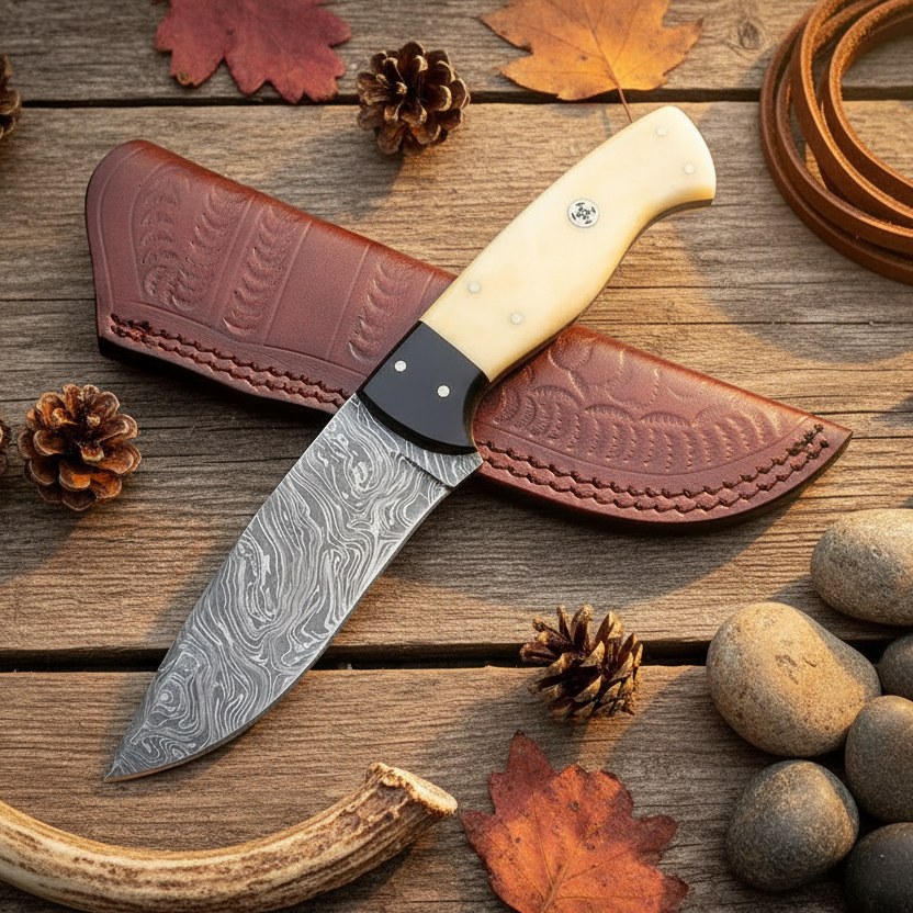 Hunter’s Bonehorn Damascus Hunting Knife