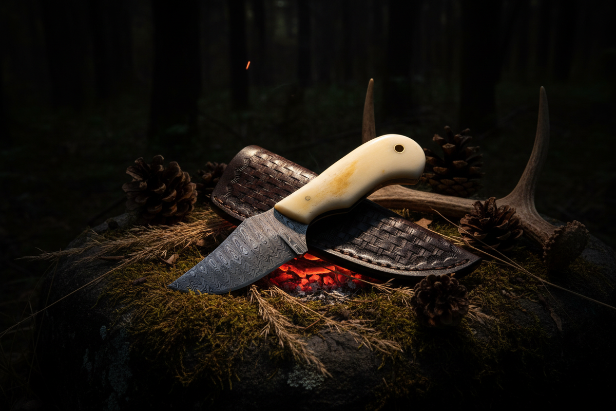 Ivory camel bone damascus skinner knife dark campfire night