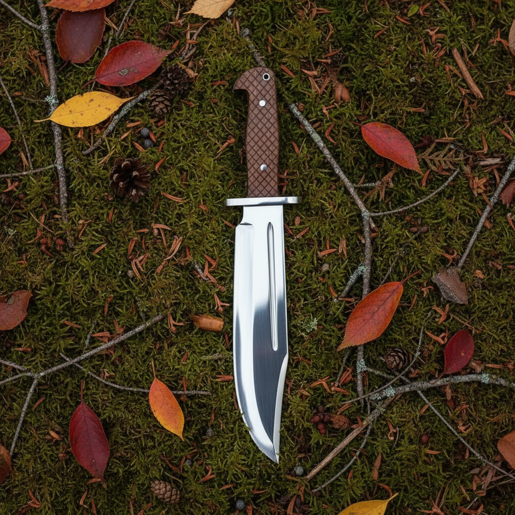 Timberfang D2 steel bowie knife on forest floor